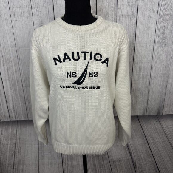Nautica Women's Large Cream Large Spellout Knitted Crewneck Sweater - Picture 1 of 6